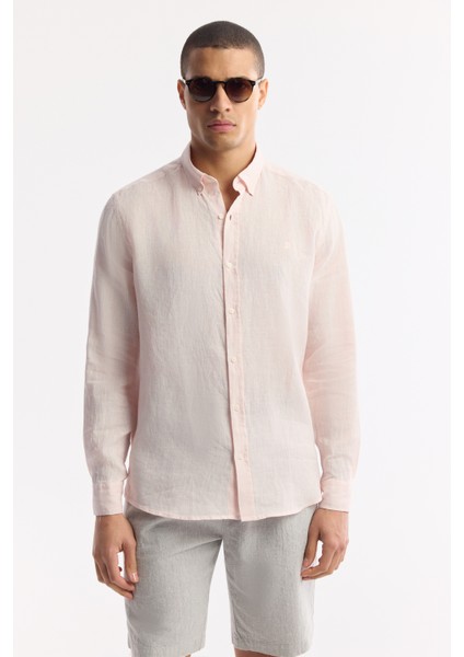 Erkek Pembe Düğmeli Yaka %100 Keten Comfort Fit Gömlek B002191 indirimleri