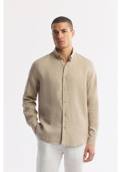 Erkek Vizon Düğmeli Yaka %100 Keten Comfort Fit Gömlek B002191