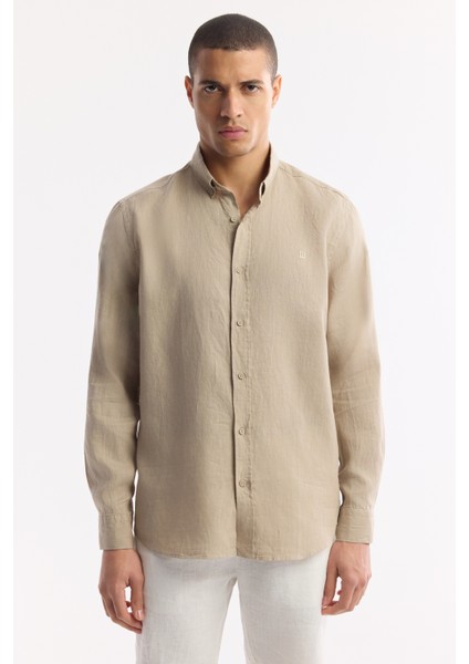 Erkek Vizon Düğmeli Yaka %100 Keten Comfort Fit Gömlek B002191 indirimleri