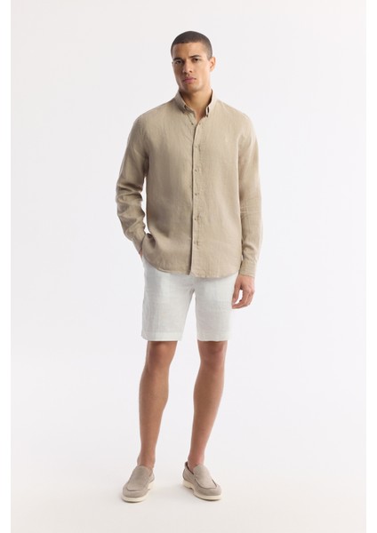 Erkek Vizon Düğmeli Yaka %100 Keten Comfort Fit Gömlek B002191