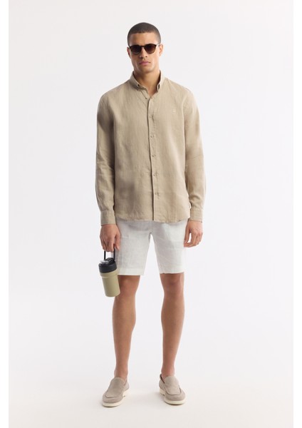 Erkek Vizon Düğmeli Yaka %100 Keten Comfort Fit Gömlek B002191