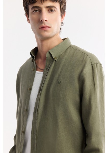 Erkek Haki Düğmeli Yaka %100 Keten Comfort Fit Gömlek B002191 fiyatları