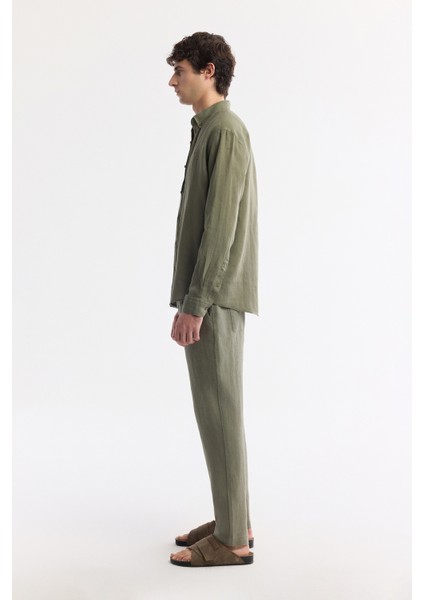 Erkek Haki Düğmeli Yaka %100 Keten Comfort Fit Gömlek B002191 modelleri