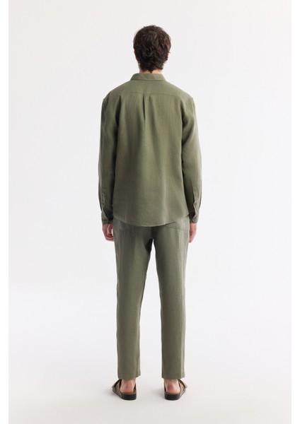Erkek Haki Düğmeli Yaka %100 Keten Comfort Fit Gömlek B002191 fırsatları