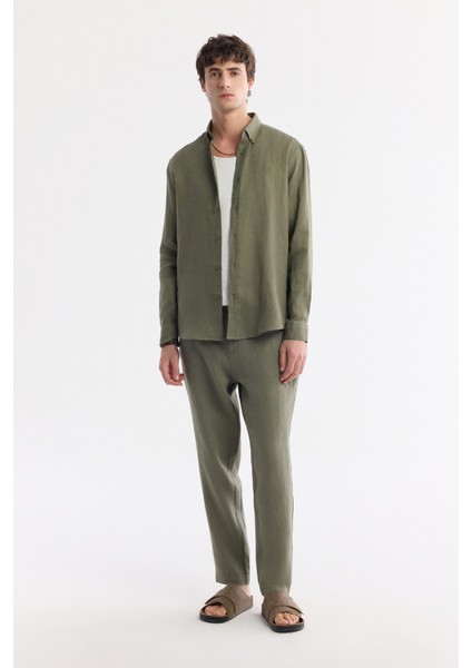 Erkek Haki Düğmeli Yaka %100 Keten Comfort Fit Gömlek B002191 indirimleri