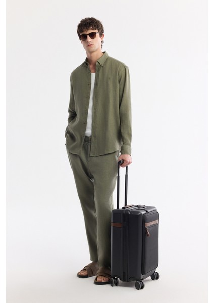 Erkek Haki Düğmeli Yaka %100 Keten Comfort Fit Gömlek B002191