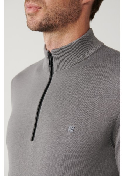 Erkek Gri Dik Yaka Deri Detaylı Fermuarlı Viskon Triko Regular Fit Kazak B005023 fiyatları