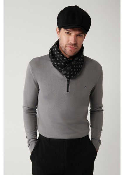 Erkek Gri Dik Yaka Deri Detaylı Fermuarlı Viskon Triko Regular Fit Kazak B005023 modelleri