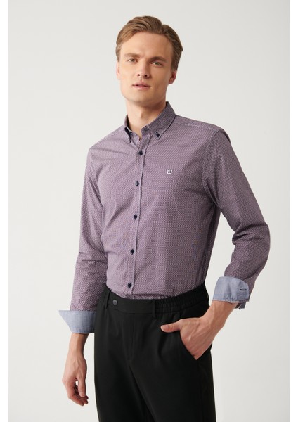 Erkek Bordo Düğmeli Yaka Baskılı Pamuklu Slim Fit Gömlek A32Y2179