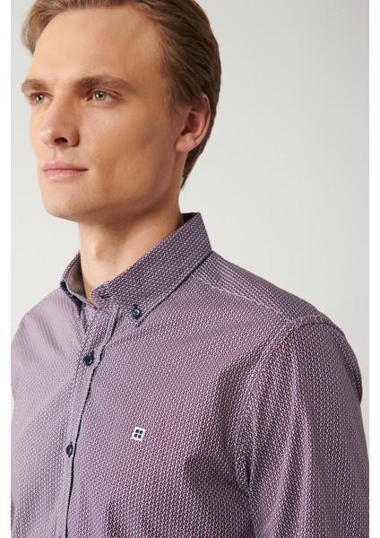 Erkek Bordo Düğmeli Yaka Baskılı Pamuklu Slim Fit Gömlek A32Y2179 fiyatları