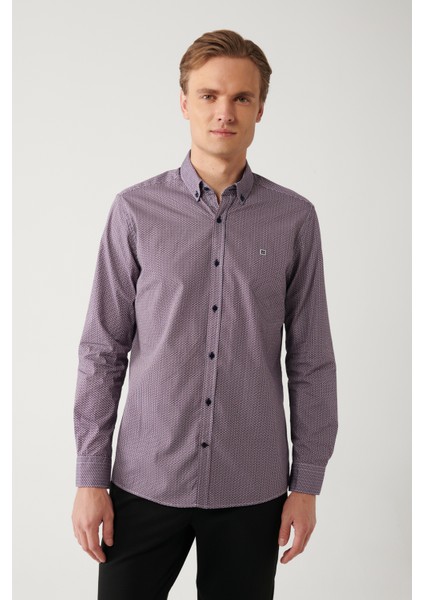Erkek Bordo Düğmeli Yaka Baskılı Pamuklu Slim Fit Gömlek A32Y2179 modelleri