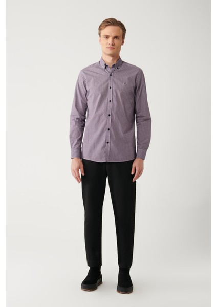 Erkek Bordo Düğmeli Yaka Baskılı Pamuklu Slim Fit Gömlek A32Y2179 indirimleri