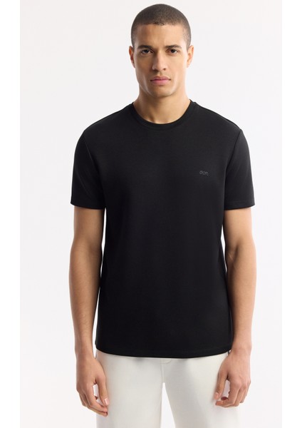 Erkek Siyah Bisiklet Yaka Bi-Stretch Baskılı Regular Fit T-Shirt B001040