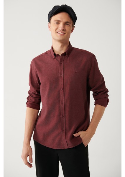 Erkek Bordo Düğmeli Yaka %100 Pamuk Regular Fit Gömlek B002033