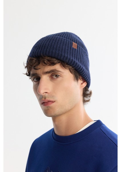 Erkek Lacivert Yün Karışımlı Logolu Fitilli Bere B009200 fiyatları