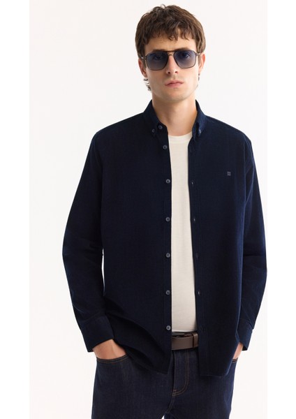 Erkek Lacivert Düğmeli Yaka %100 Pamuk Soft Touch Kadife Regular Fit Gömlek B002032 indirimleri