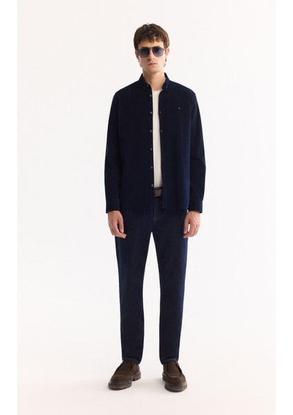Erkek Lacivert Düğmeli Yaka %100 Pamuk Soft Touch Kadife Regular Fit Gömlek B002032