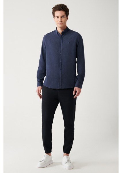 Erkek Lacivert Düğmeli Yaka %100 Pamuk Regular Fit Gömlek B002033 indirimleri