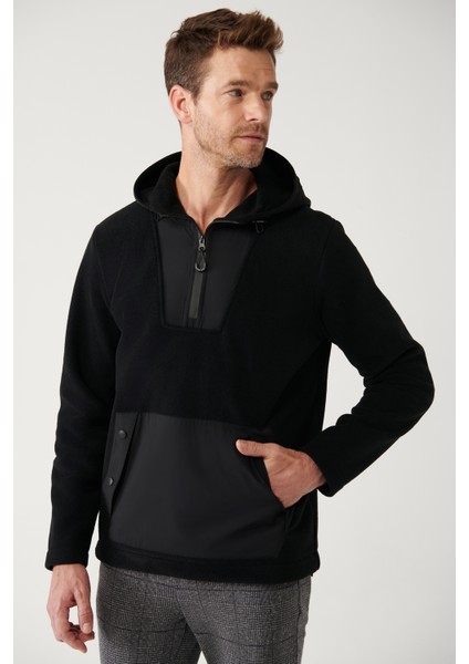 Erkek Siyah Kapüşonlu Yaka Garni Kumaş Detaylı Sweatshirt Polar A32Y1392 fiyatları