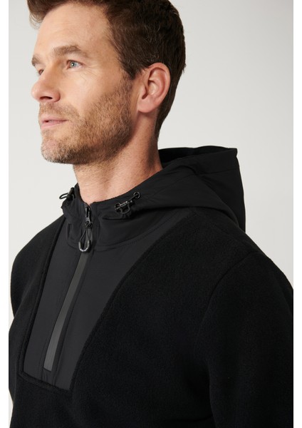 Erkek Siyah Kapüşonlu Yaka Garni Kumaş Detaylı Sweatshirt Polar A32Y1392 modelleri