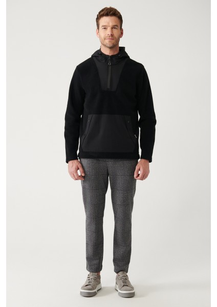 Erkek Siyah Kapüşonlu Yaka Garni Kumaş Detaylı Sweatshirt Polar A32Y1392
