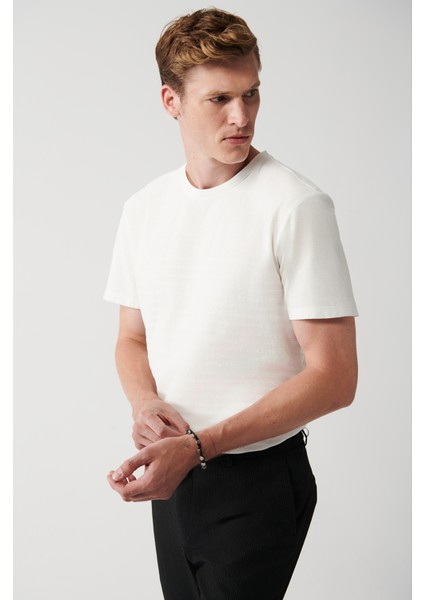 Erkek Beyaz Bisiklet Yaka Jakarlı Panolu T-shirt A31Y1057 modelleri