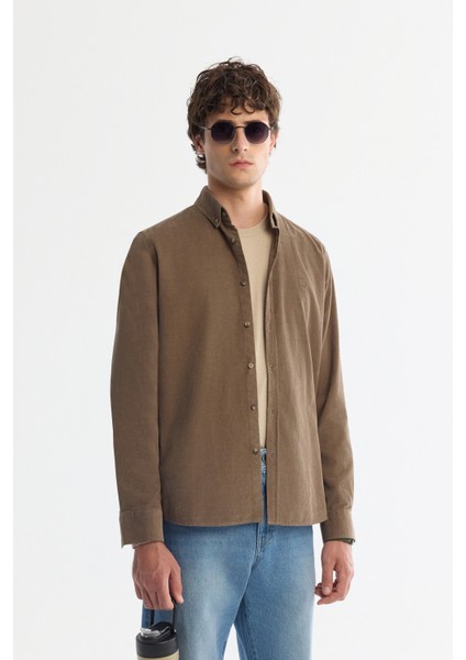 Erkek Vizon Düğmeli Yaka %100 Pamuk Soft Touch Kadife Regular Fit Gömlek B002032