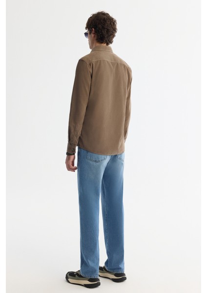 Erkek Vizon Düğmeli Yaka %100 Pamuk Soft Touch Kadife Regular Fit Gömlek B002032 fırsatları