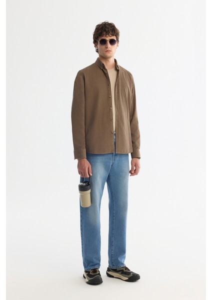 Erkek Vizon Düğmeli Yaka %100 Pamuk Soft Touch Kadife Regular Fit Gömlek B002032 indirimleri