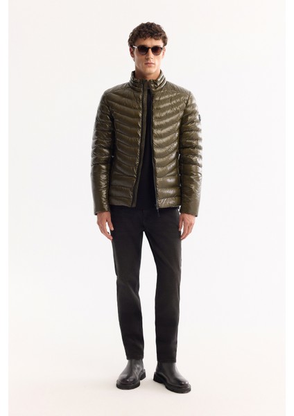 Erkek Haki Kaz Tüyü Su İtici Rüzgar Geçirmez Kumaş Dik Yaka Şişme Comfort Fit Mont B006015