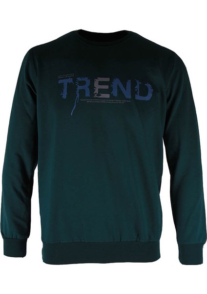 0 Yaka 2 Ip Koyu Yeşil Erkek Sweatshirt Trend Baskı