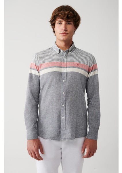 Erkek Lacivert Pamuk Keten Çizgili Gömlek A31Y2264