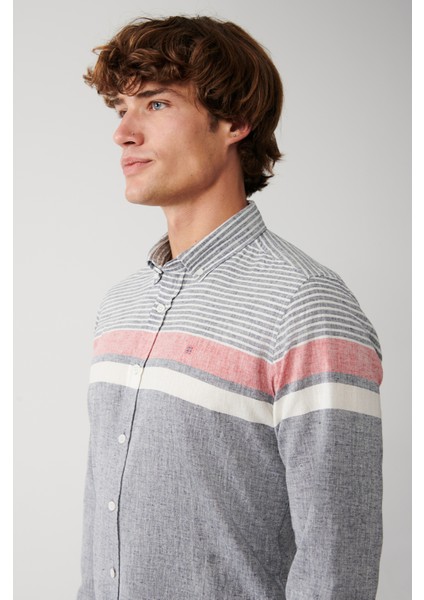 Erkek Lacivert Pamuk Keten Çizgili Gömlek A31Y2264 fiyatları