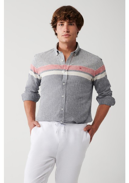 Erkek Lacivert Pamuk Keten Çizgili Gömlek A31Y2264 modelleri