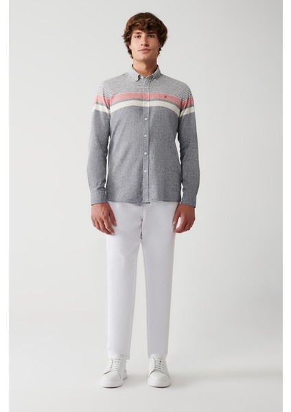 Erkek Lacivert Pamuk Keten Çizgili Gömlek A31Y2264 indirimleri