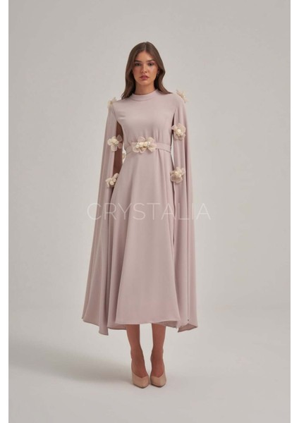 Inci ve Taş Işlemeli Çiçek Detaylı Krep Elbise