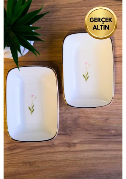Porselen Natura Çuha Altın Yaldızlı Dikdörtgen Kayık Tabak 14X9,8CM 2 Li