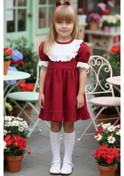 Kız Çocuk Ruby Fırfırlı Dantel Detaylı Kısa Kollu Elbise Bandana Takım