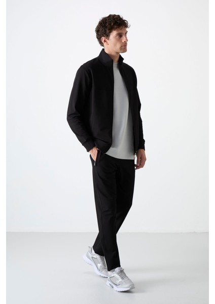 Siyah Dik Yaka Fermuarlı Rahat Form Klasik Paça Erkek Eşofman Takımı - 85072