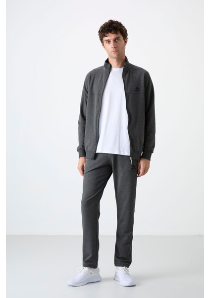 Antrasit Melanj Dik Yaka Fermuarlı Rahat Form Klasik Paça Erkek Eşofman Takımı - 85072