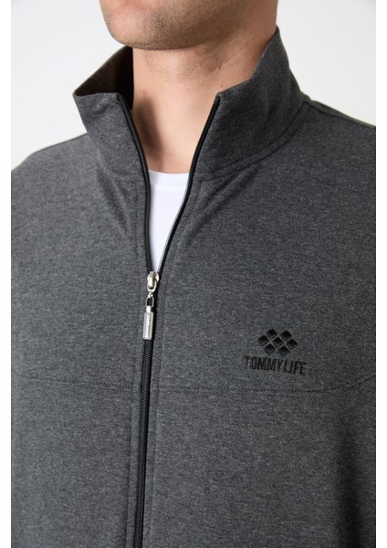 Antrasit Melanj Dik Yaka Fermuarlı Rahat Form Klasik Paça Erkek Eşofman Takımı - 85072