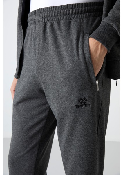 Antrasit Melanj Dik Yaka Fermuarlı Rahat Form Klasik Paça Erkek Eşofman Takımı - 85072