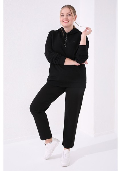 Siyah Klasik Paça Taş Detaylı Kadın Büyük Beden Eşofman Alt - 94040