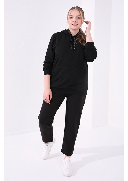 Siyah Klasik Paça Taş Detaylı Kadın Büyük Beden Eşofman Alt - 94040