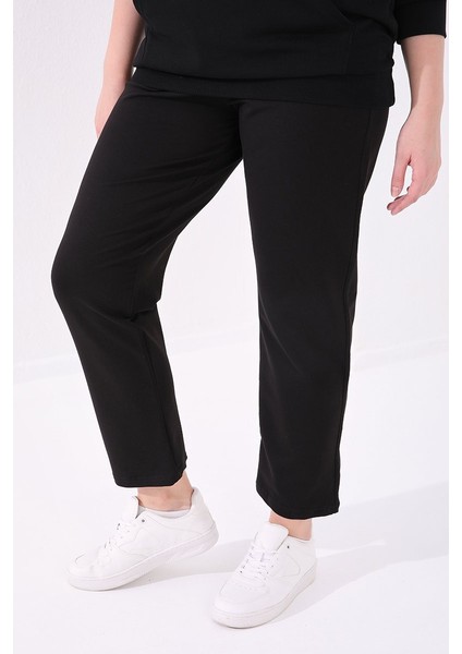 Siyah Klasik Paça Taş Detaylı Kadın Büyük Beden Eşofman Alt - 94040