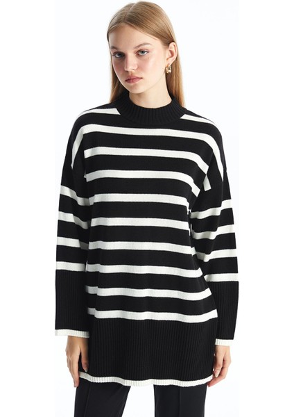 Yeni Sezon Bisiklet Yaka Çizgili Kadın Triko Tunik