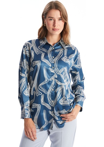 Yeni Sezon Desenli Saten Kadın Gömlek Tunik