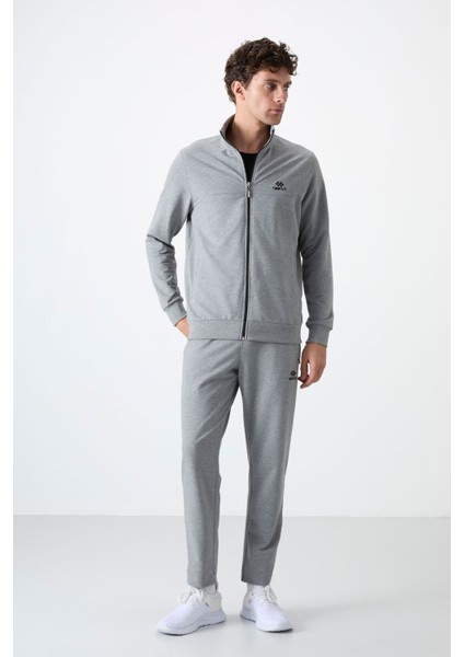 Gri Melanj Dik Yaka Fermuarlı Rahat Form Klasik Paça Erkek Eşofman Takımı - 85072