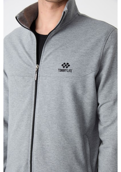 Gri Melanj Dik Yaka Fermuarlı Rahat Form Klasik Paça Erkek Eşofman Takımı - 85072