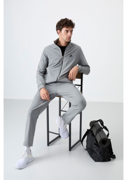 Gri Melanj Dik Yaka Fermuarlı Rahat Form Klasik Paça Erkek Eşofman Takımı - 85072